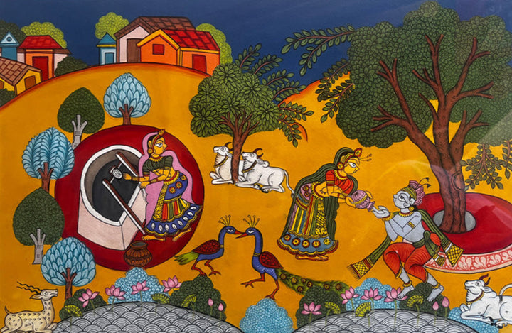 The Wellspring of Devotion: Krishna's Thirst Quenched, Phad Painting by Kalyan Joshi Thumbnail