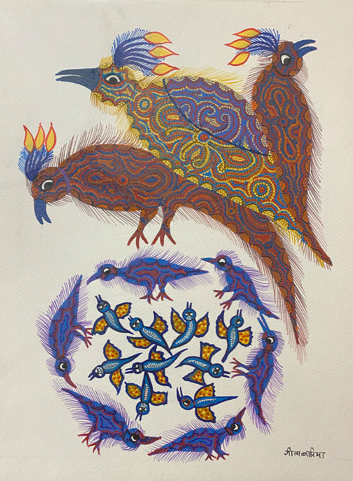 The birds: looking for a release, Bhil Art by Geeta Bariya Thumbnail