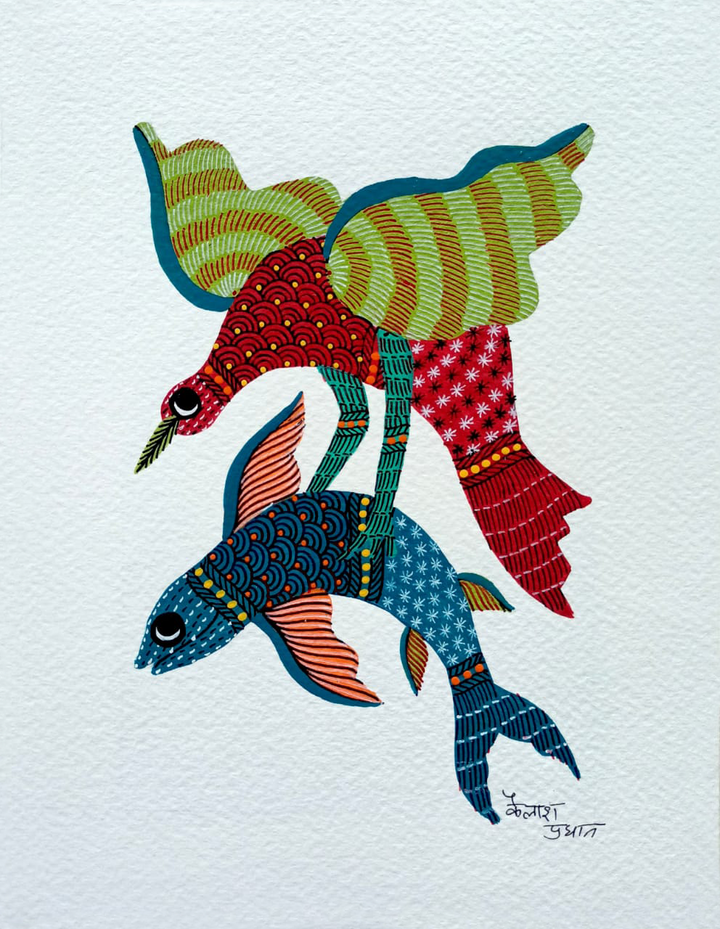 Catching Prey: The Fish and the Bird: Gond art by Kailash Pradhan Thumbnail