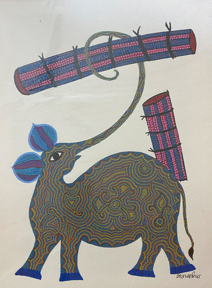 The playing elephant, Bhil Art by Geeta Bariya Thumbnail