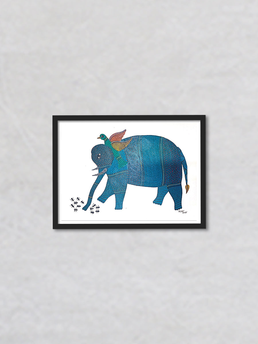 The Gentle Giant's Companions An Elephant, Bird, Ants Gond Painting by Kailash Pradhan