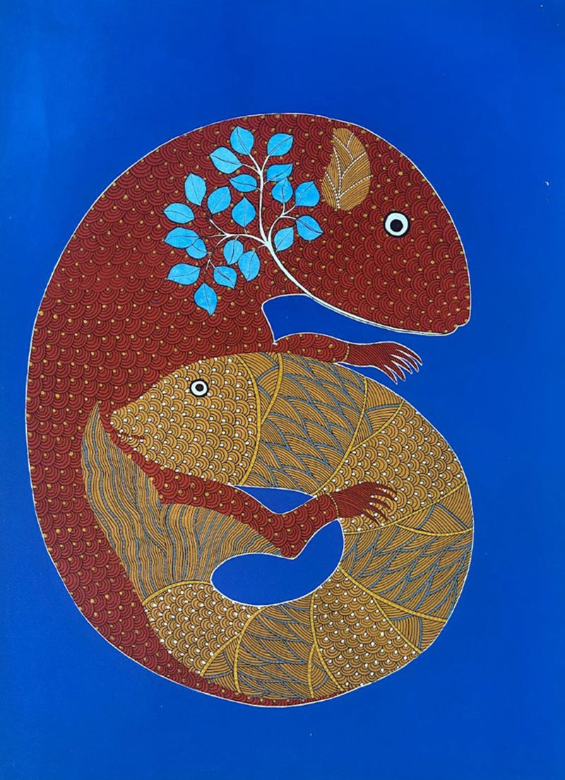 Buy The Gond Fish, Gond painting by Venkat Shyam