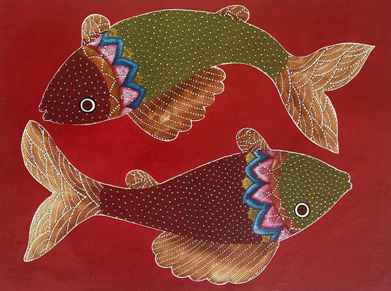 Buy The Gond Fish, Gond painting by Venkat Shyam