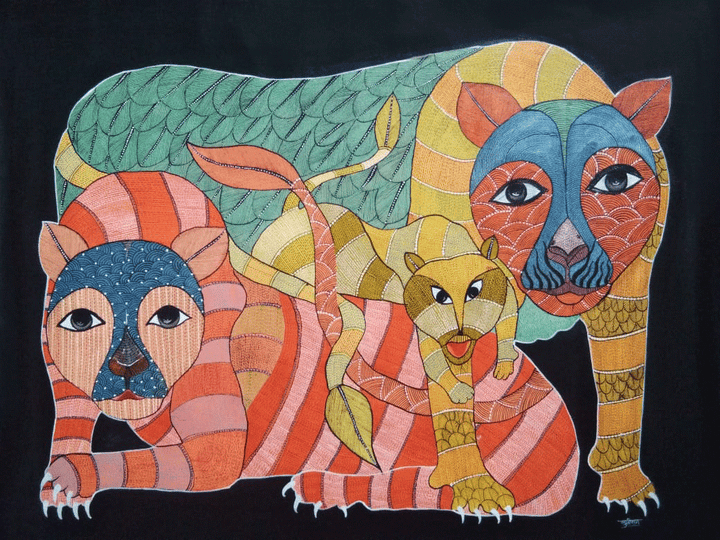 Tiger Family in Gond by Sukhiram Maravi Thumbnail