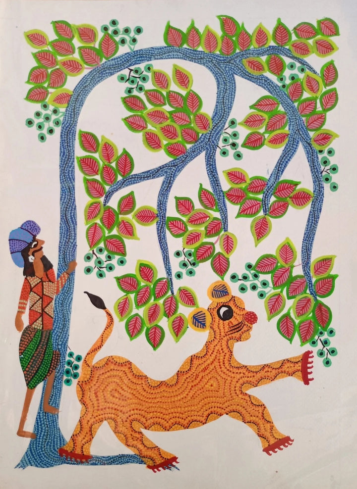 Tiger, Man, and the Tree in Bhil Painting by Geeta Bariya Thumbnail