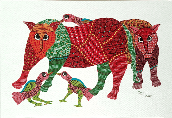 Tiger and Birds in Gond by Kailash Pradhan Thumbnail