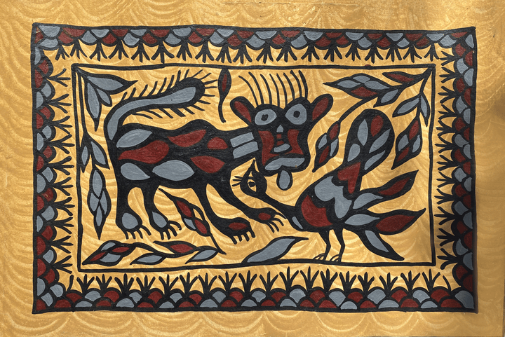 Tiger and Peacock in Sohrai by Manikchand Mahto Thumbnail