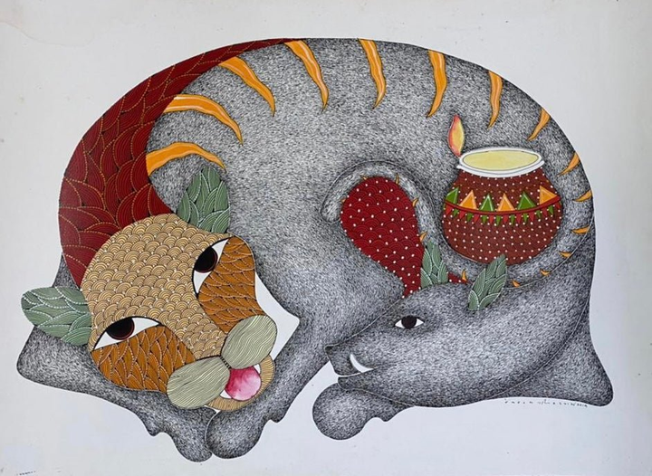 Tiger Worship: Bagh Dev Pooja in Gond Art by Venkat Shyam Thumbnail