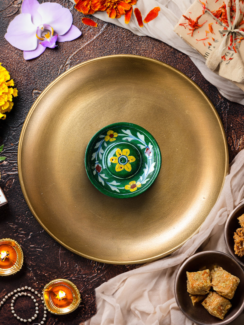 Tranquil Oasis: The Golden Flower Garland Blue Pottery by Gopal Saini for sale