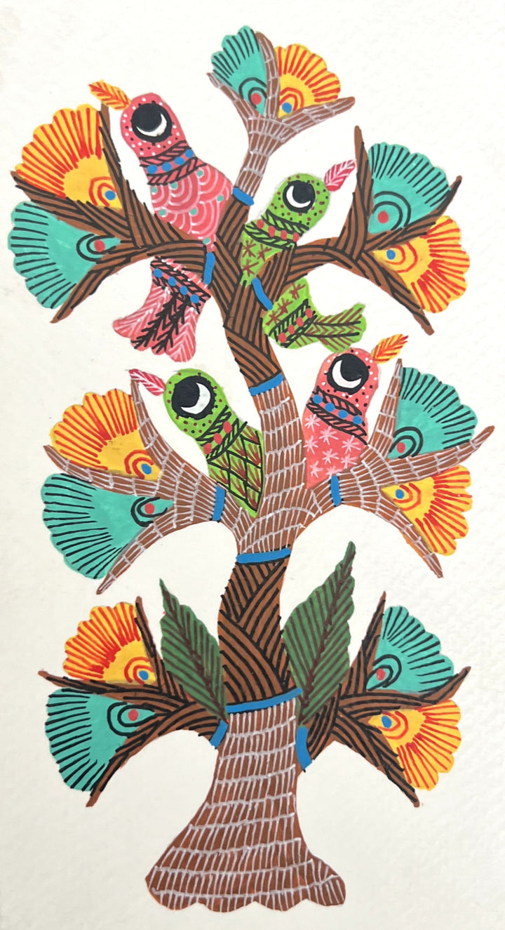 Tree Adorned with birds In Gond by Kailash Pradhan Thumbnail