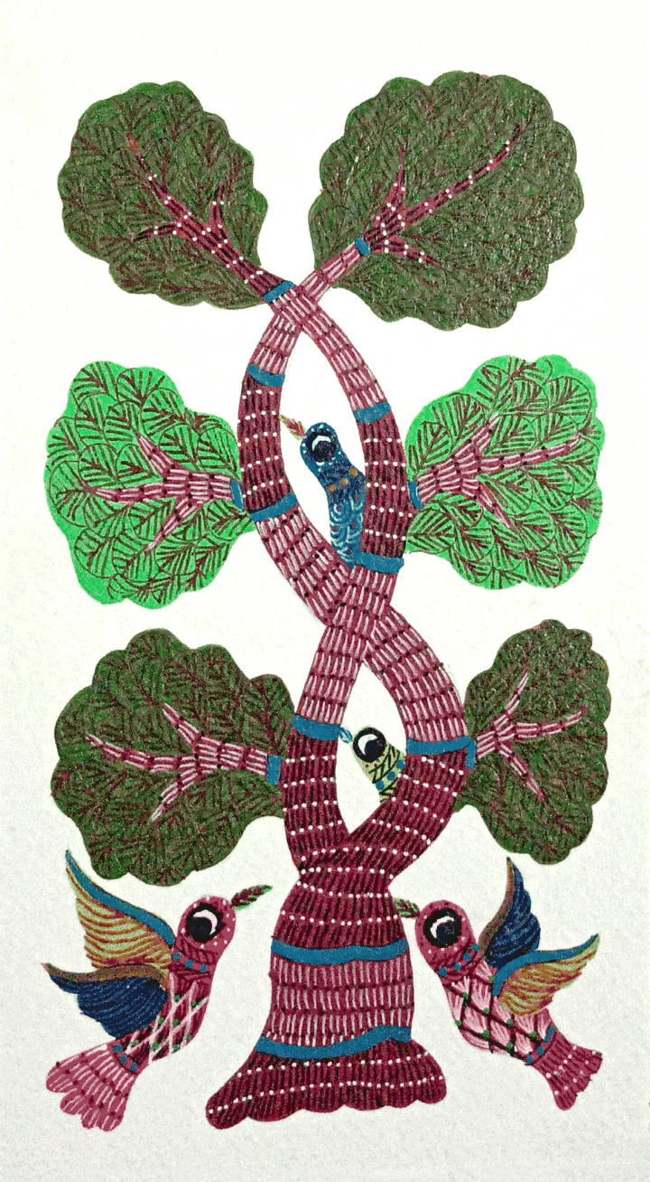 Tree and Birds in Gond by Kailash Pradhan Thumbnail