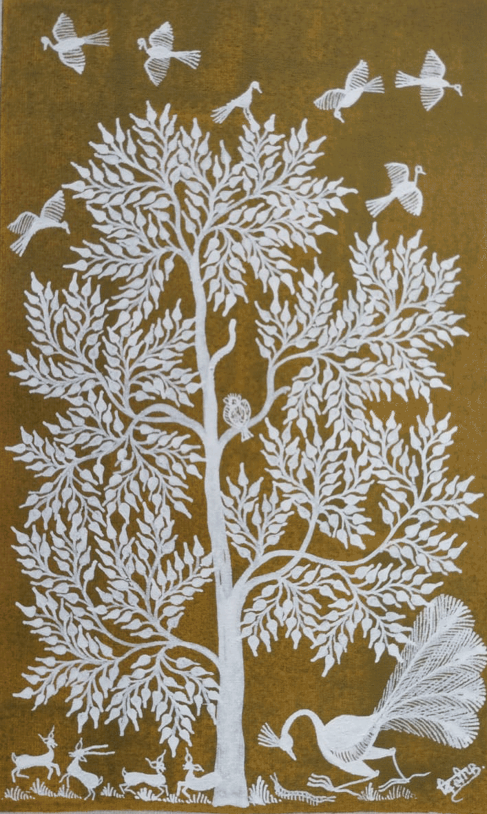 Tree and Peacock In Warli by Dilip Bahotha Thumbnail