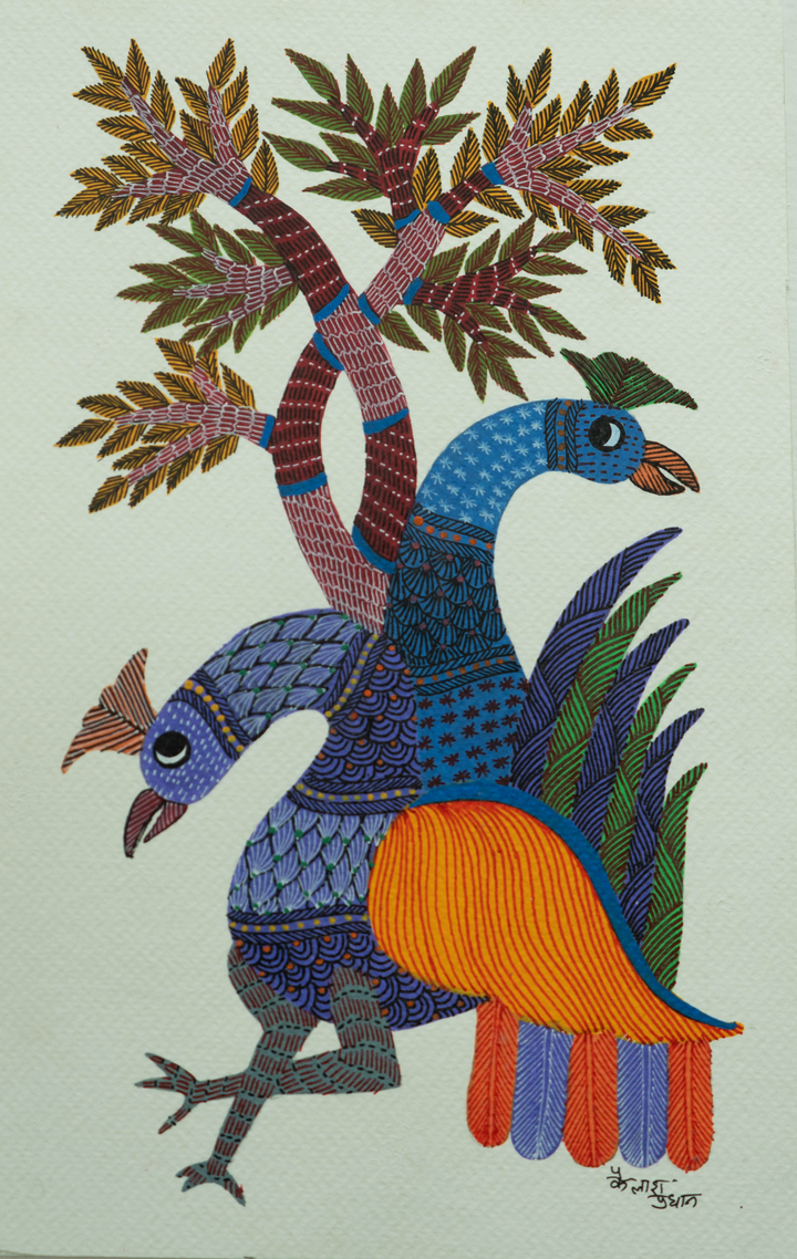 Nature's Bliss: Tree and Peacock in Gond by Kailash Pradhan Thumbnail