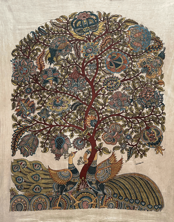 Tree of Life: Coy peacocks Kalamkari Painting by Harinath.N Thumbnail