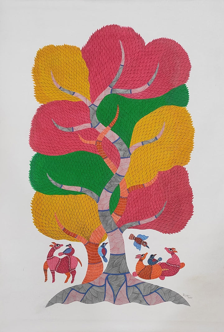 Nature's Bounty: Tree of Life and Wildlife in Gond by Kailash Pradhan Thumbnail