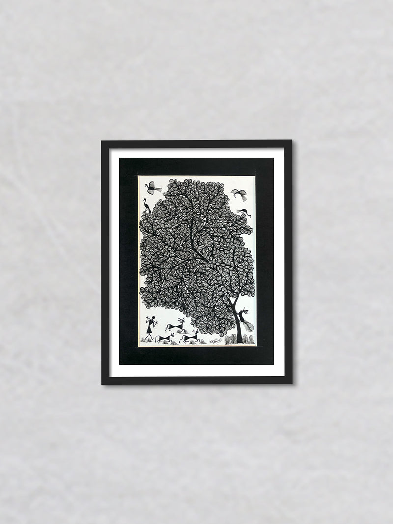 Trees and Birds, Warli Art by Dilip Bahotha