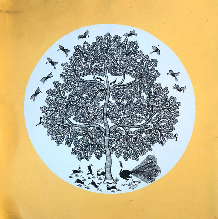 Trees and Birds, Warli Art by Dilip Bahotha Thumbnail