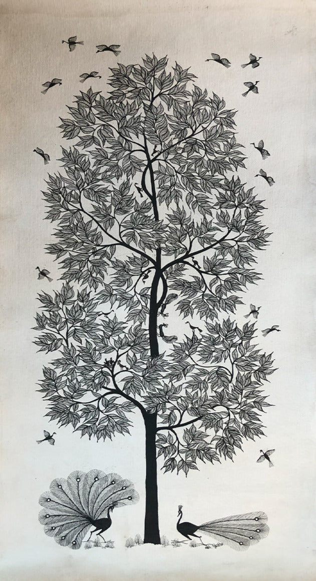 Trees and Birds, Warli Art by Dilip Bahotha Thumbnail