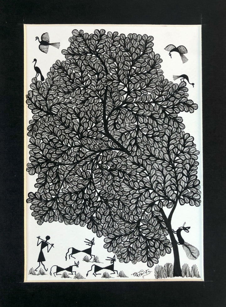 Trees and Birds, Warli Art by Dilip Bahotha Thumbnail