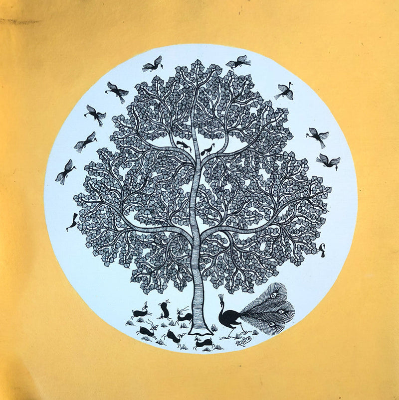 Trees and Birds, Warli Art by Dilip Bahotha