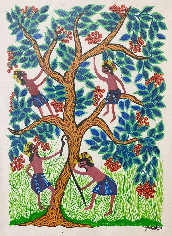 Tribal People with a Tree, Bhil Art by Geeta Bariya Thumbnail