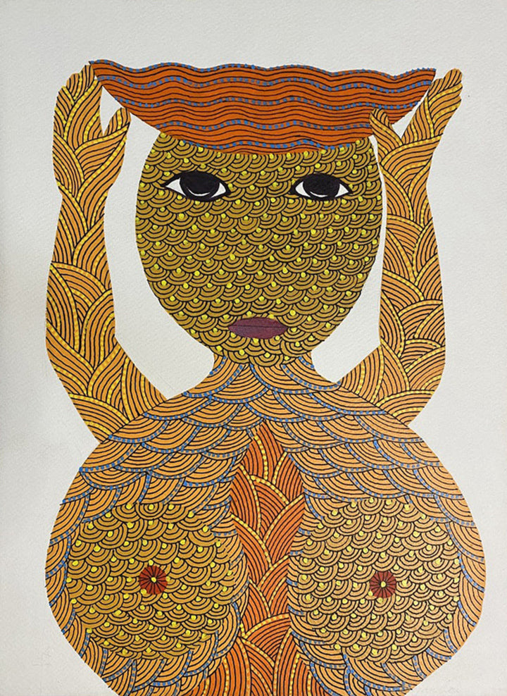 Hardworking Toil: Tribal Woman in Gond Painting by Venkat Shyam Thumbnail