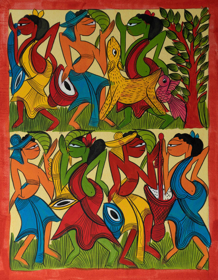 Tribal dance around nature: Santhal-Tribal Pattachitra by Manoranjan Chitrakar Thumbnail