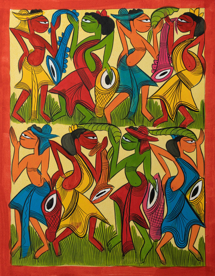 Tribal people performing dance: Santhal-Tribal Pattachitra by Manoranjan Chitrakar Thumbnail