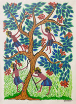 Tribal People with a Tree, Bhil Art by Geeta Bariya