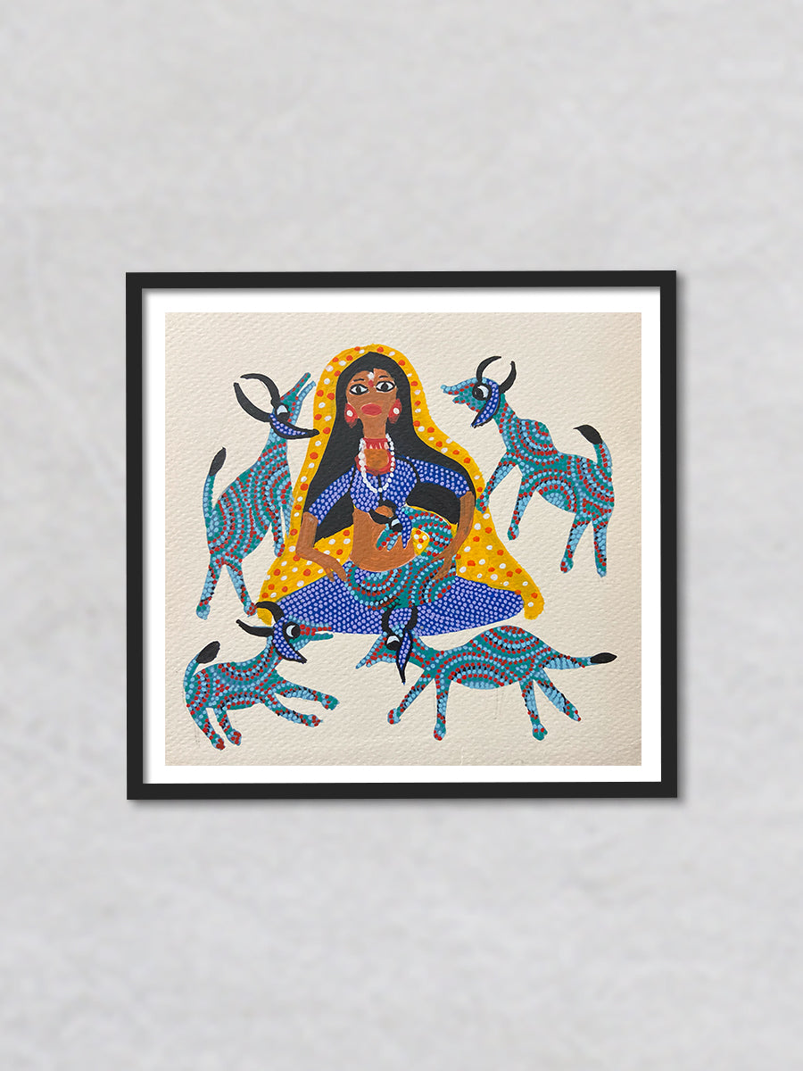 Tribal Woman with Deers, Bhil Art by Geeta Bariya
