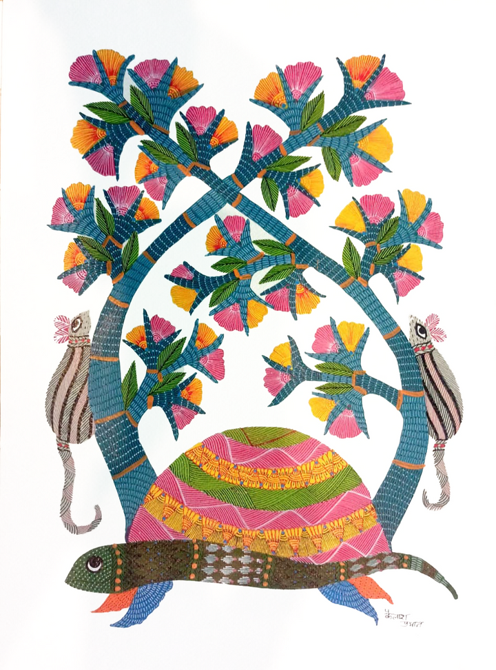 Nature's Bliss: Turtle and Mice with Tree in Gond by Kailash Pradhan Thumbnail