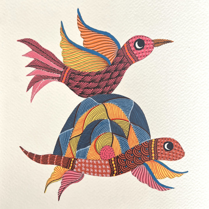 The Eternal Bond of Friendship: Turtle and Bird In Gond by Kailash Pradhan Thumbnail