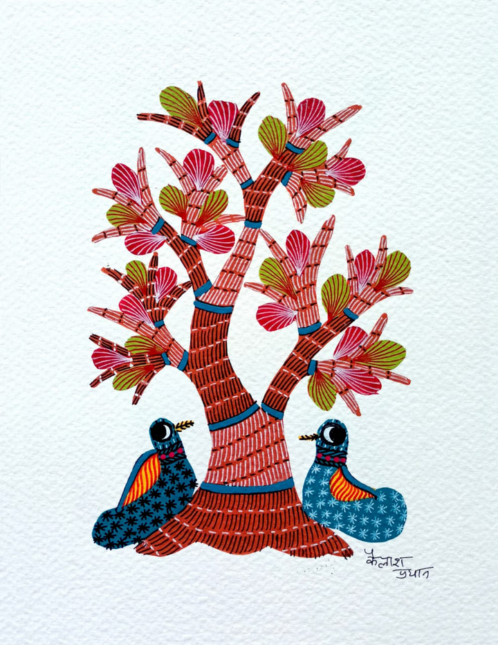 The Blissful Canopy: Two Birds and a Tree in Gond Art by Kailash Pradhan Thumbnail
