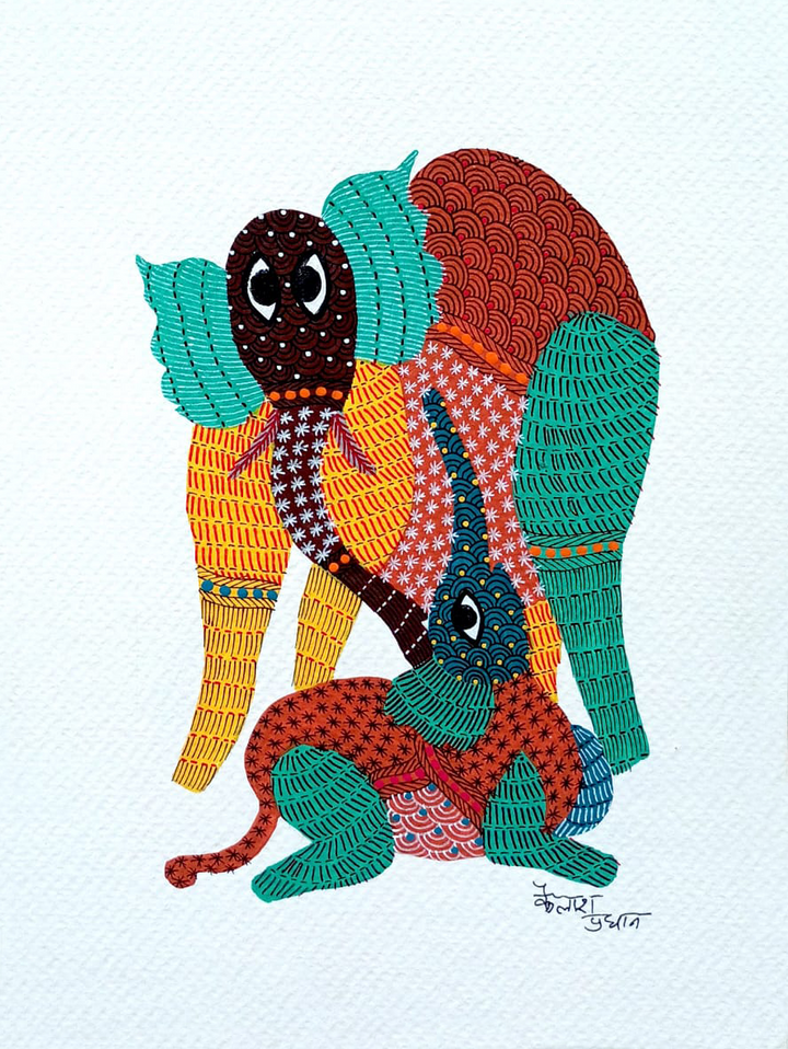 The Elephant Pair in Gond by Kailash Pradhan Thumbnail