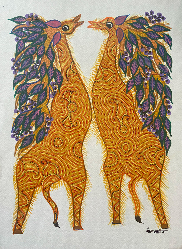 Two Giraffe, Bhil Art by Geeta Bariya Thumbnail