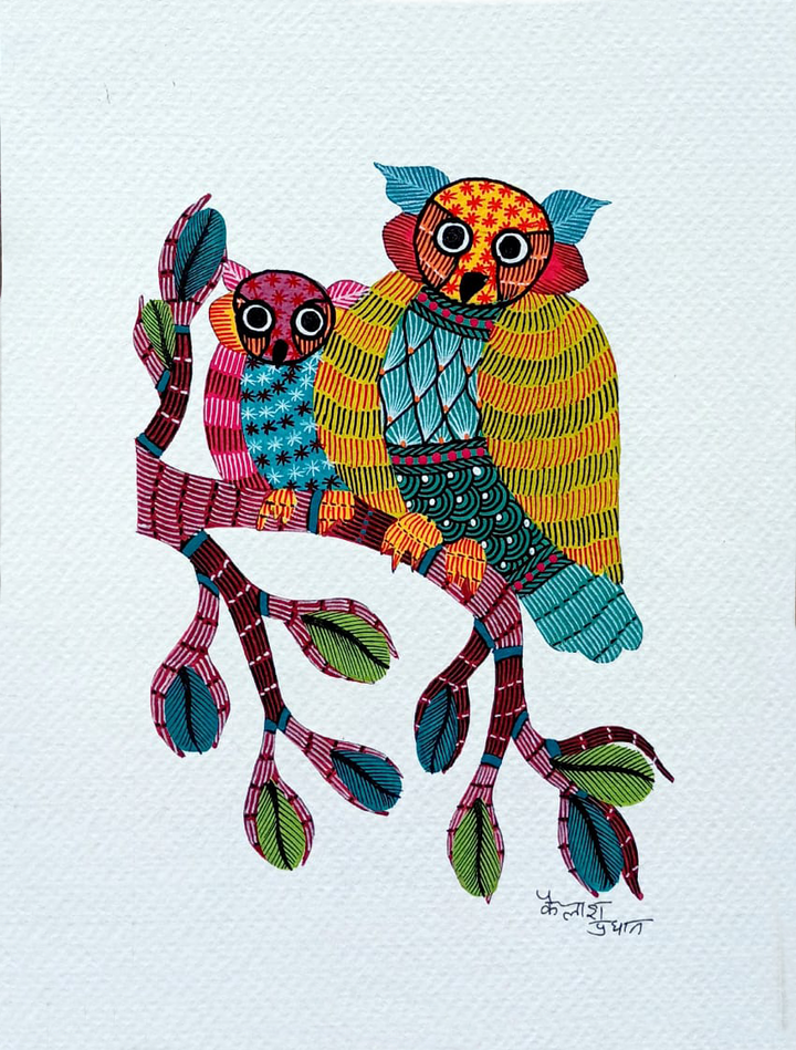Two Owls in Gond art by Kailash Pradhan Thumbnail