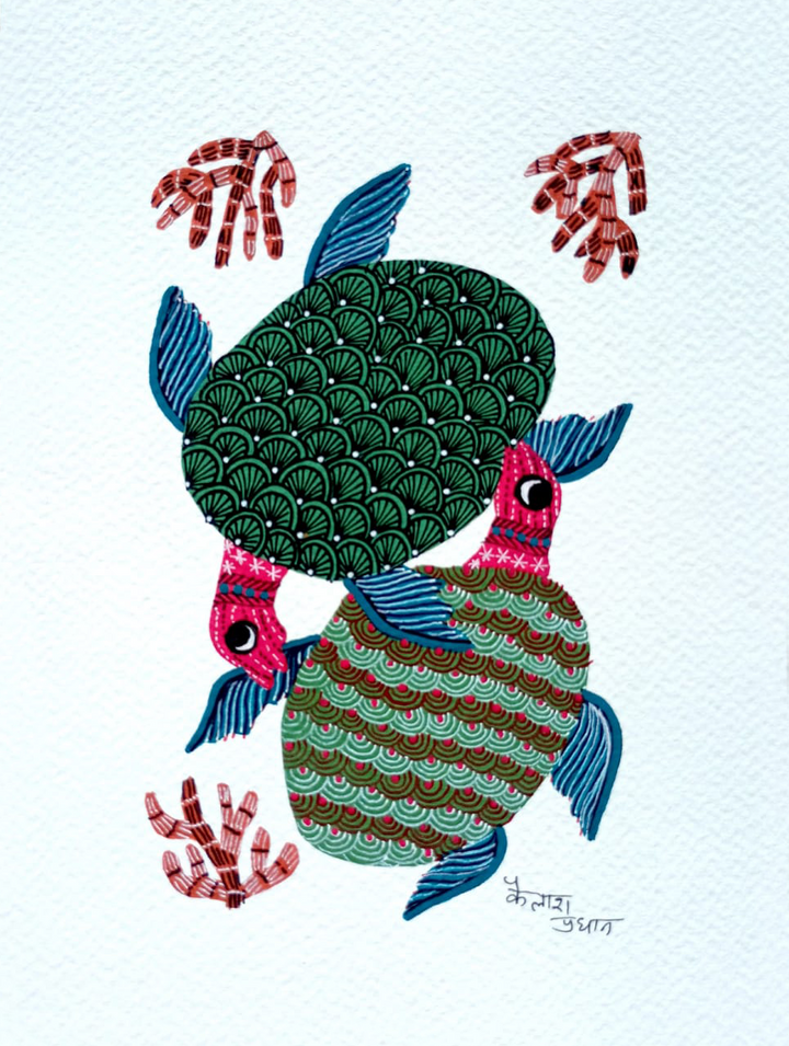 Afloat in Water: A Pair of Turtles in Gond Art by Kailash Pradhan Thumbnail