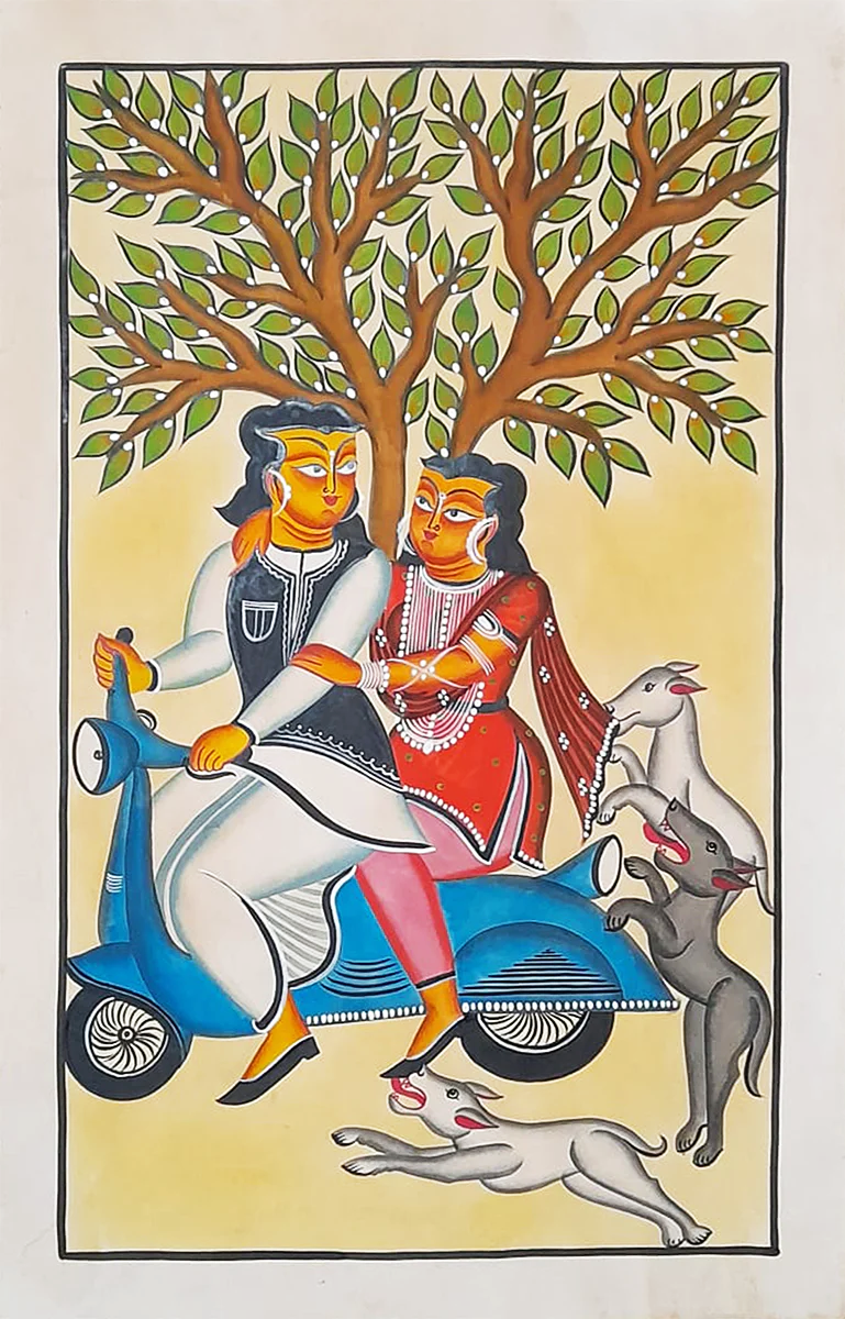 A Whirlwind Adventure: A Kalighat Painting by Uttam Chitrakar