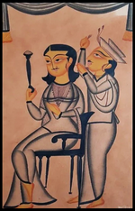 The Barber's Artistry: A Kalighat Painting by Uttam Chitrakar