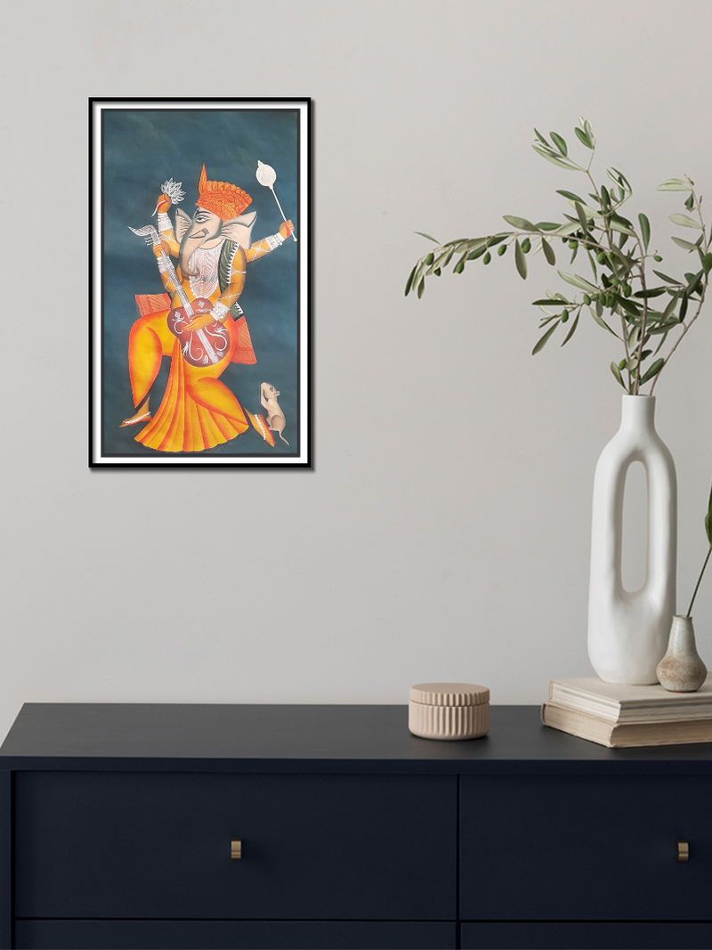 Celestial Wisdom: Lord Ganesha in Kalighat Art by Uttam Chitrakar for Sale