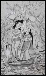 Uttam Chitrakar's Serenade: Radha and Krishna on Kalighat Canvas for Sale