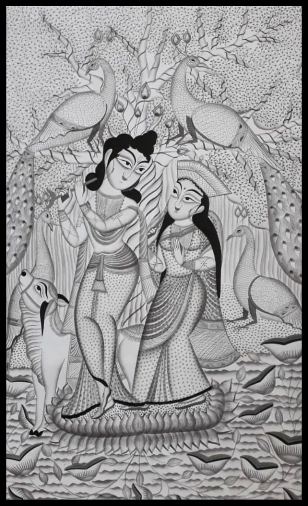 Uttam Chitrakar's Serenade: Radha and Krishna on Kalighat Canvas for Sale
