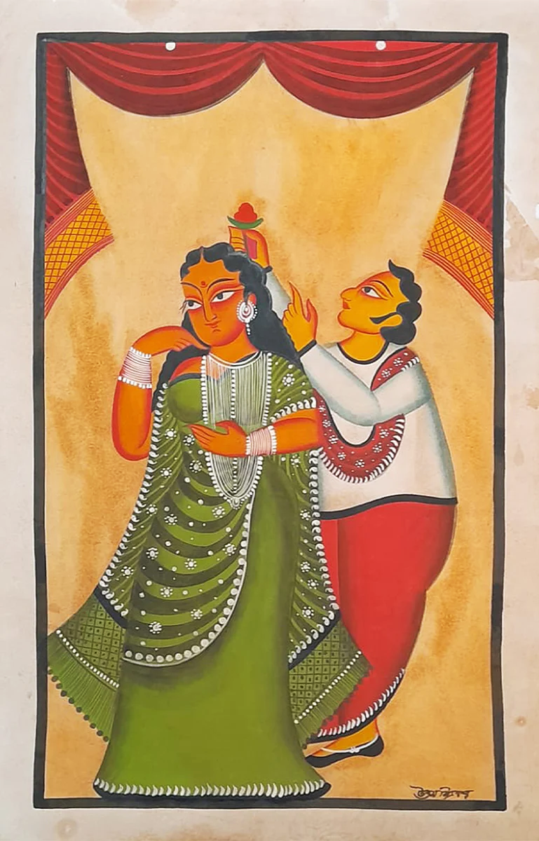 Whispers of Affection: A Kalighat Painting by Uttam Chitrakar