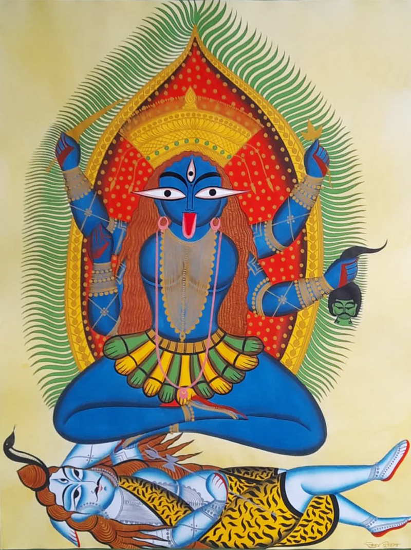 Fiery Grace of Goddess Kali: Uttam Chitrakar’s Vibrant Kalighat Painting
