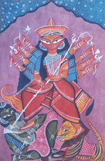 Maa Durga with defeated demon: Kalighat by Uttam Chitrakar