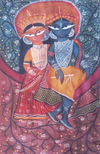 Radha-Krishna seated on a branch: Kalighat by Uttam Chitrakar