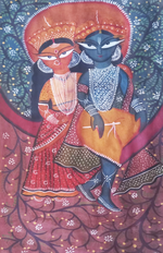 Radha-Krishna seated on a branch: Kalighat by Uttam Chitrakar