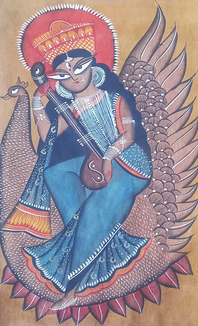 Saraswati seated on her swan: Kalighat by Uttam Chitrakar