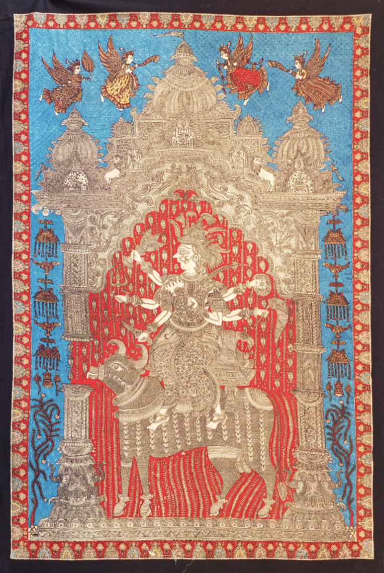 Goddess Sagat against red background: Mata Ni Pachedi by Vasant Manubhai Chitara