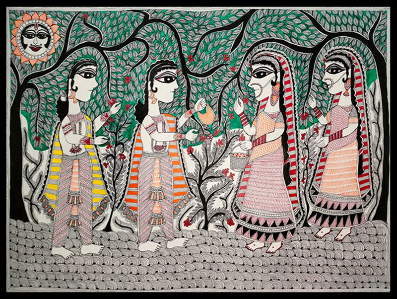 Lord Ram and Sita's Garden Serendipity, Madhubani Painting by Vibhuti Nath